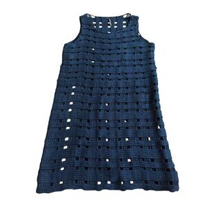 Liviana Conti Navy Sleeveless Shift Dress Open Weave 100% Cotton Size 42 Medium